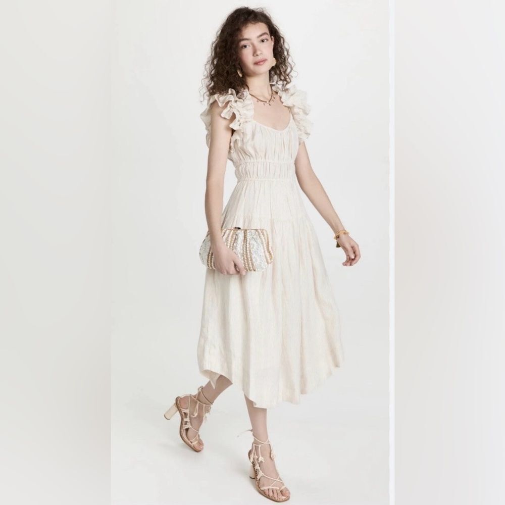 ULLA JOHNSON Rissa Midi Length Scoop Neck Linen Dress US 10 White Cream